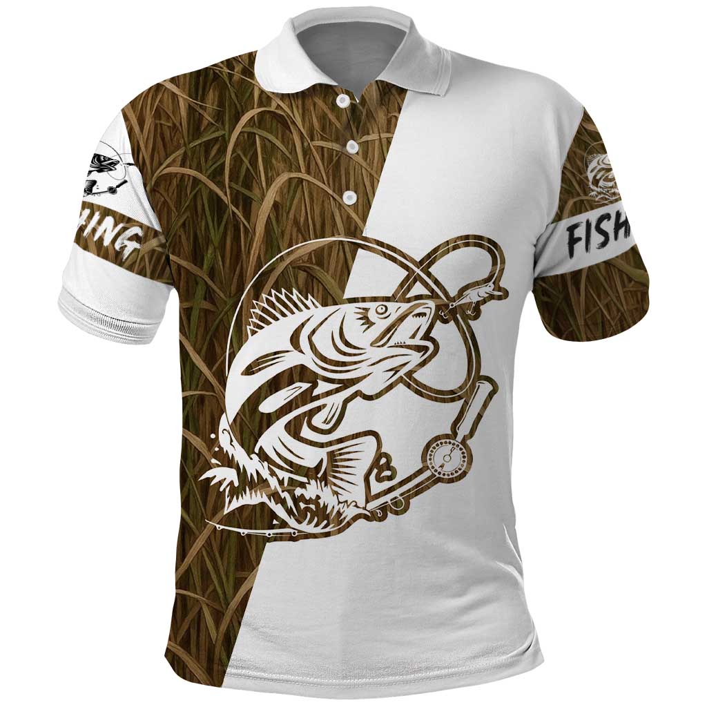 Walleye Fishing Polo Shirt with Reeds Background and Custom Name Design TS04