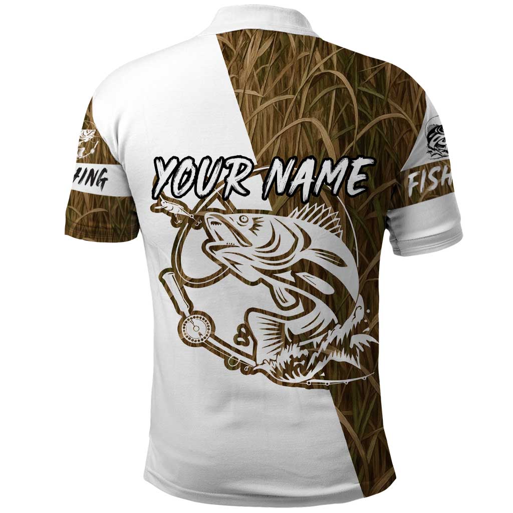 Walleye Fishing Polo Shirt with Reeds Background and Custom Name Design TS04