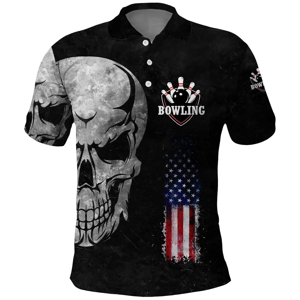 Bowling Skull Polo Shirt with American Flag and Custom Name Text Design TS04