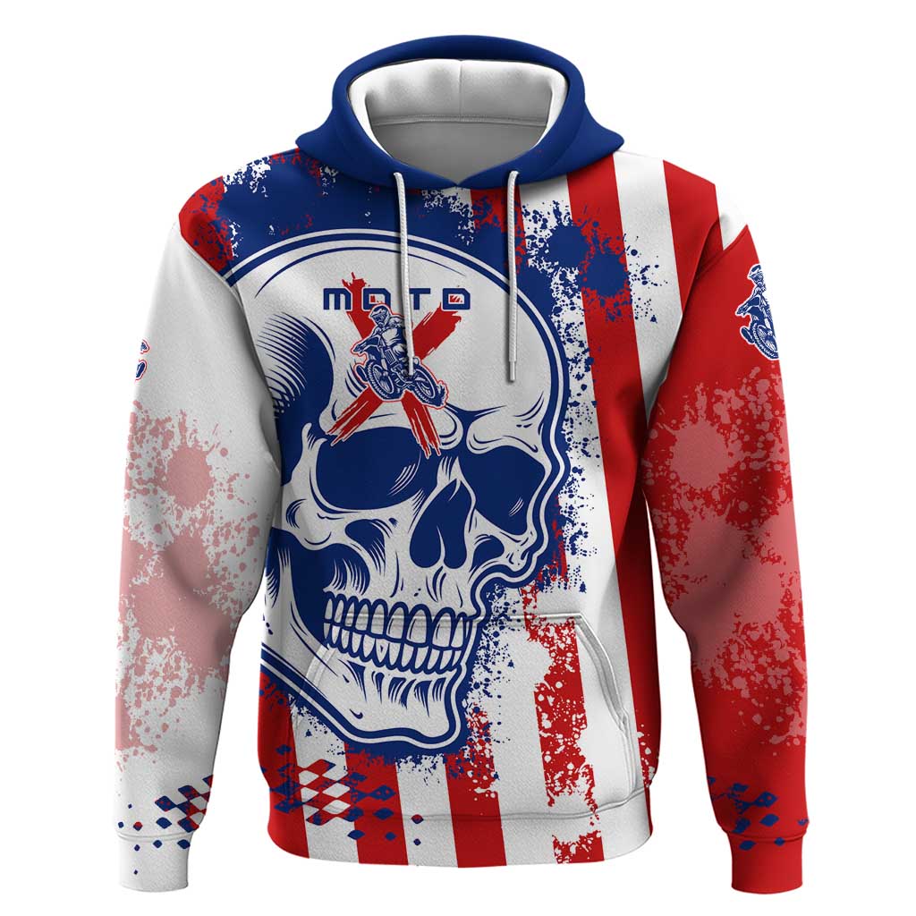 Moto X Skull Graphic Hoodie with Red White Blue Splatter and Custom Number Design TS04