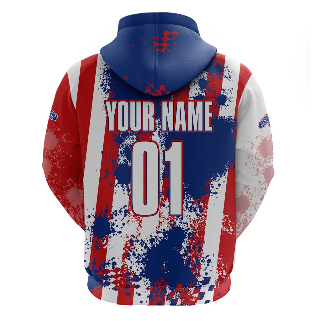 Moto X Skull Graphic Hoodie with Red White Blue Splatter and Custom Number Design TS04