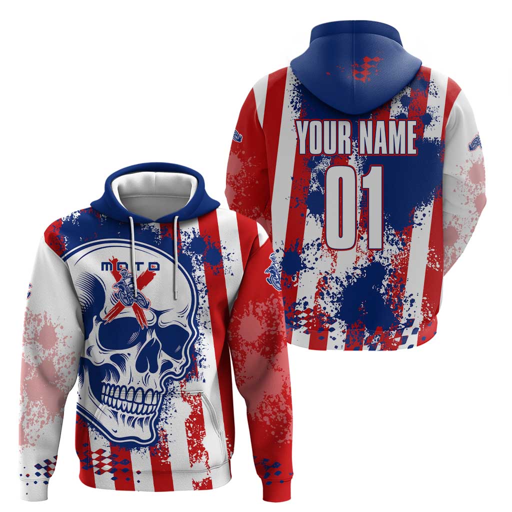 Moto X Skull Graphic Hoodie with Red White Blue Splatter and Custom Number Design TS04