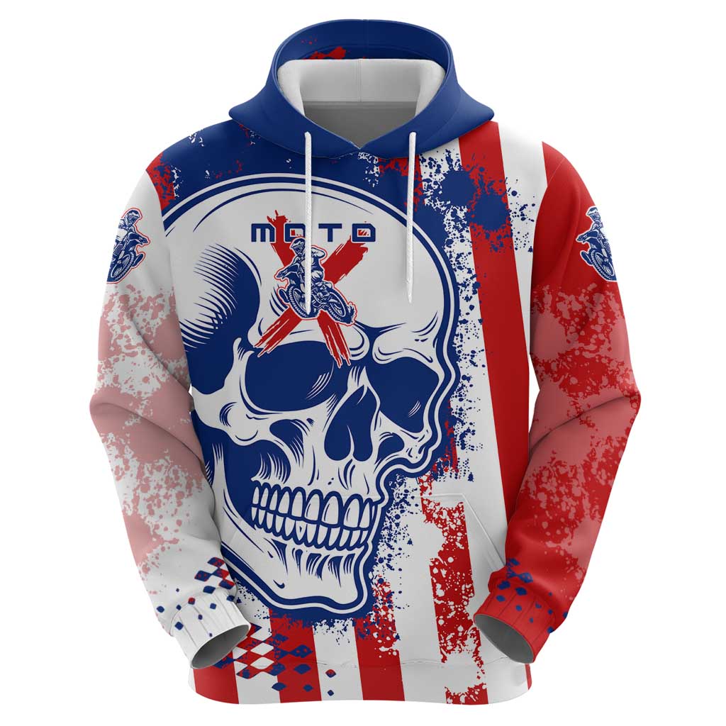 Moto X Skull Graphic Hoodie with Red White Blue Splatter and Custom Number Design TS04