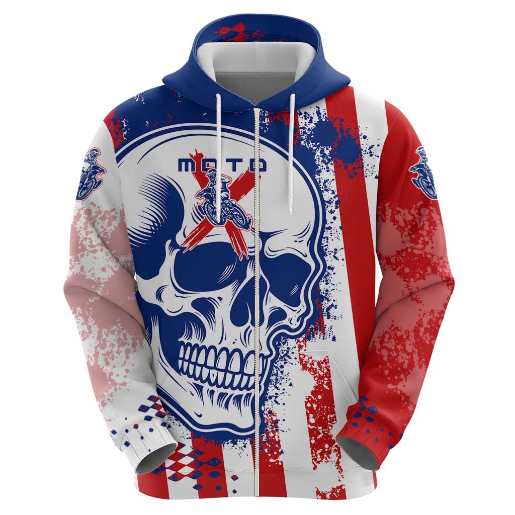 Moto X Skull Graphic Hoodie with Red White Blue Splatter and Custom Number Design TS04