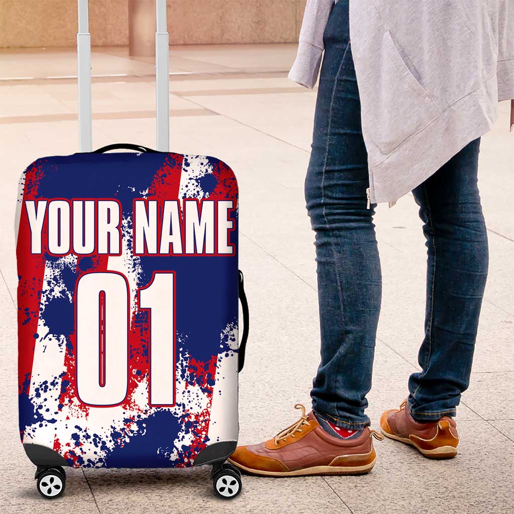 Moto X Skull Graphic Luggage Cover with Red White Blue Splatter and Custom Number Design TS04