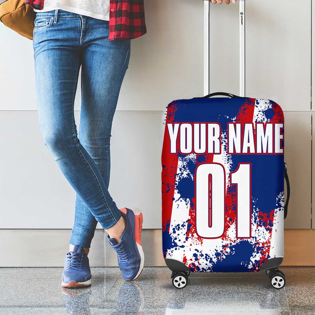 Moto X Skull Graphic Luggage Cover with Red White Blue Splatter and Custom Number Design TS04