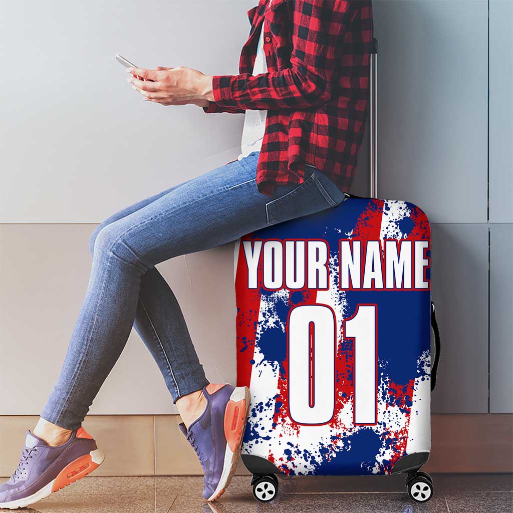 Moto X Skull Graphic Luggage Cover with Red White Blue Splatter and Custom Number Design TS04