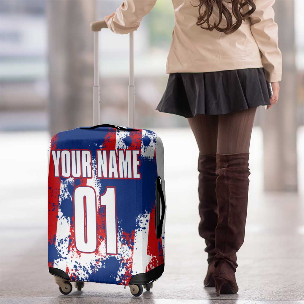 Moto X Skull Graphic Luggage Cover with Red White Blue Splatter and Custom Number Design TS04