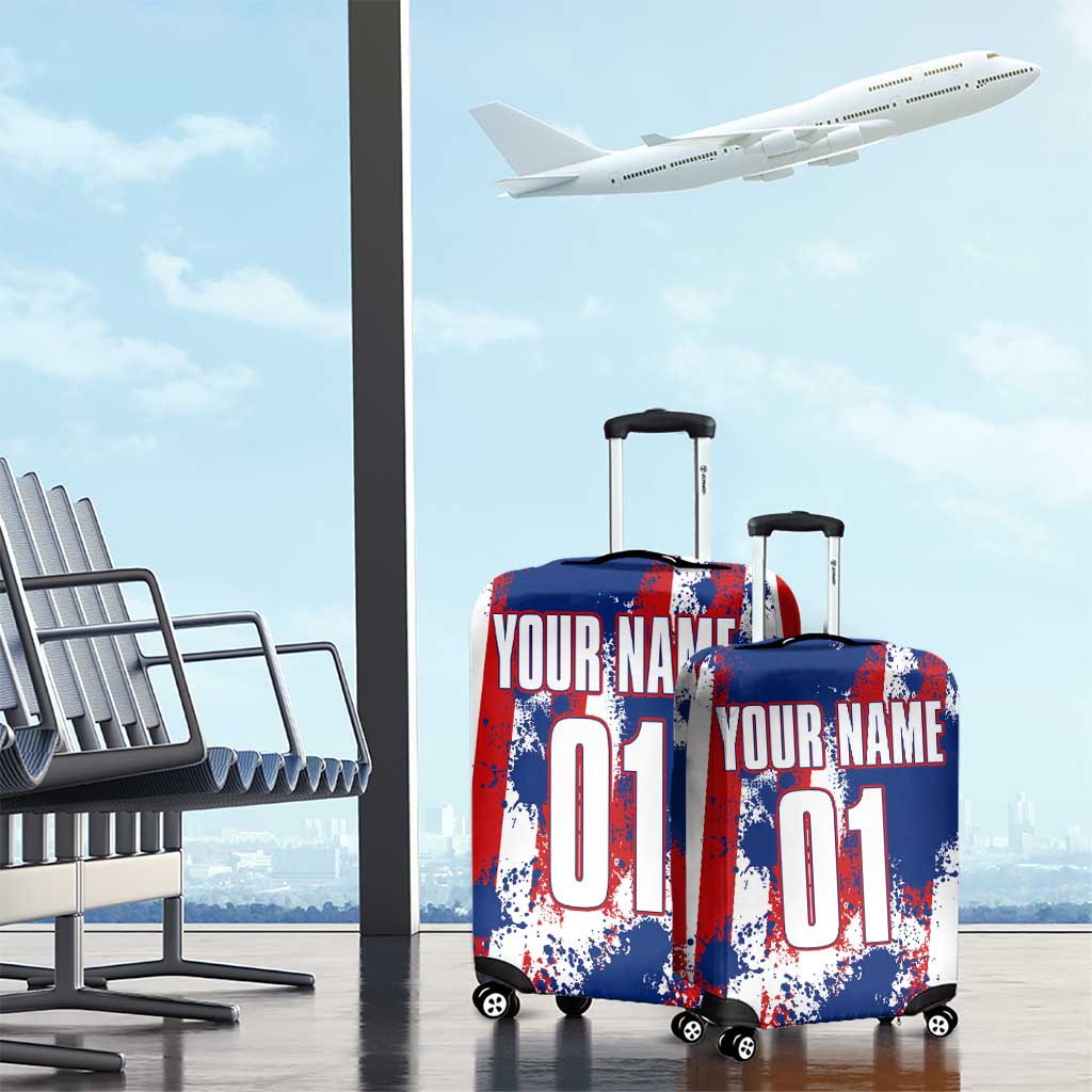 Moto X Skull Graphic Luggage Cover with Red White Blue Splatter and Custom Number Design TS04