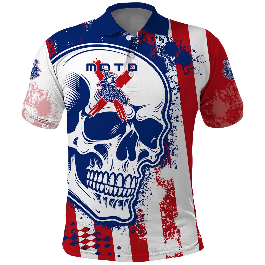 Moto X Skull Graphic Polo Shirt with Red White Blue Splatter and Custom Number Design TS04