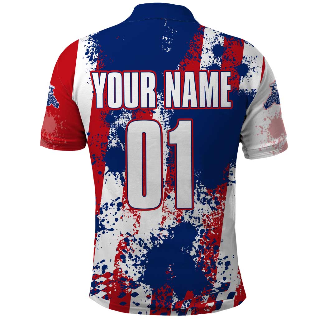 Moto X Skull Graphic Polo Shirt with Red White Blue Splatter and Custom Number Design TS04