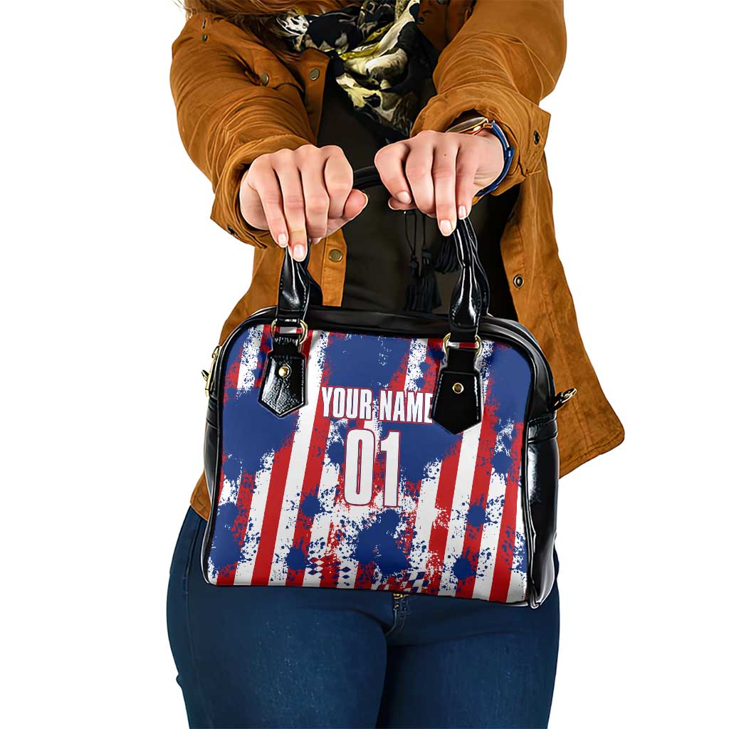 Moto X Skull Graphic Shoulder Handbag with Red White Blue Splatter and Custom Number Design TS04