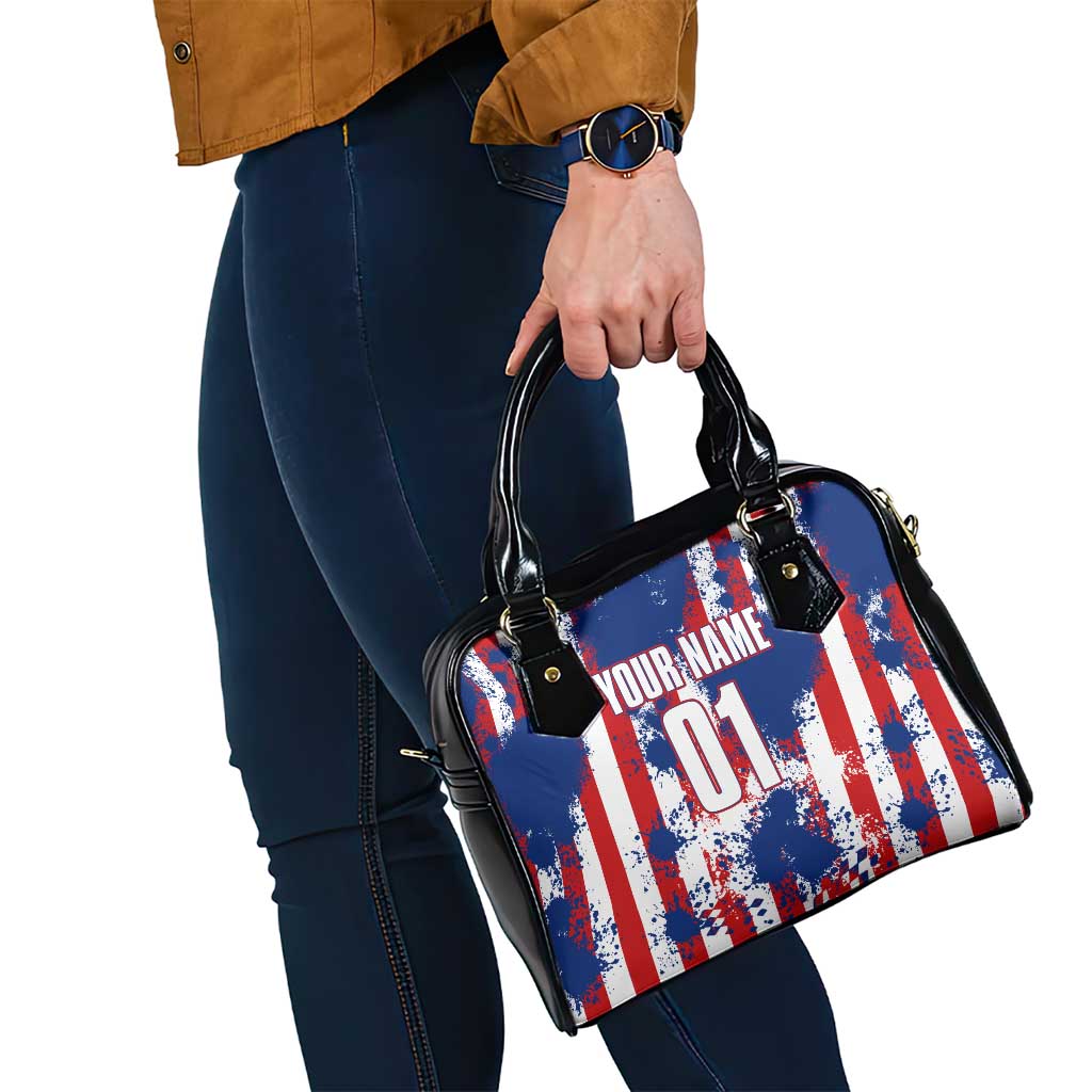 Moto X Skull Graphic Shoulder Handbag with Red White Blue Splatter and Custom Number Design TS04