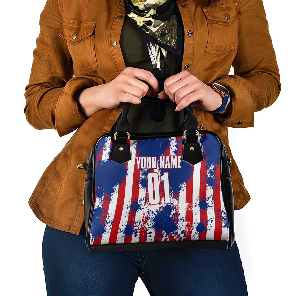 Moto X Skull Graphic Shoulder Handbag with Red White Blue Splatter and Custom Number Design TS04