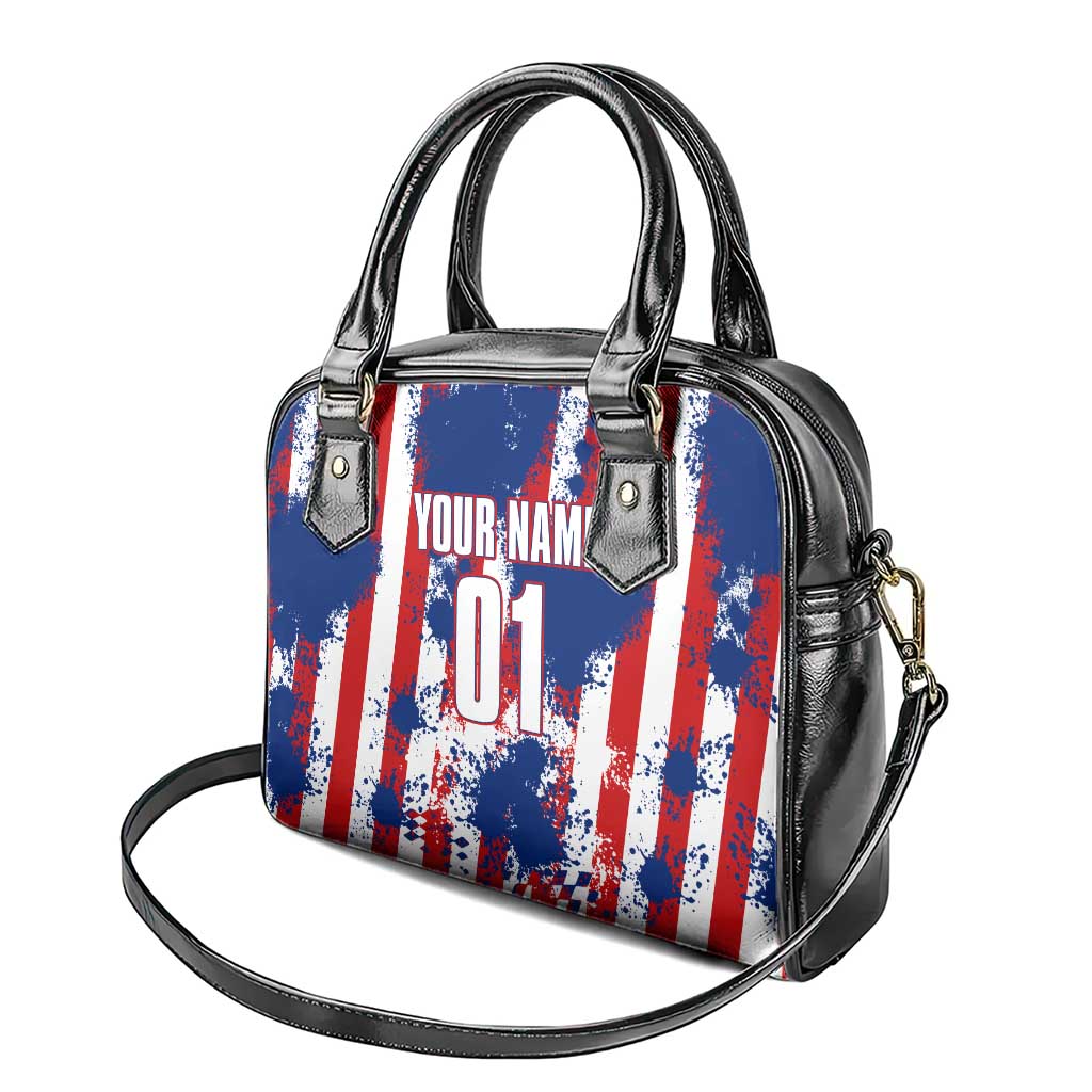 Moto X Skull Graphic Shoulder Handbag with Red White Blue Splatter and Custom Number Design TS04