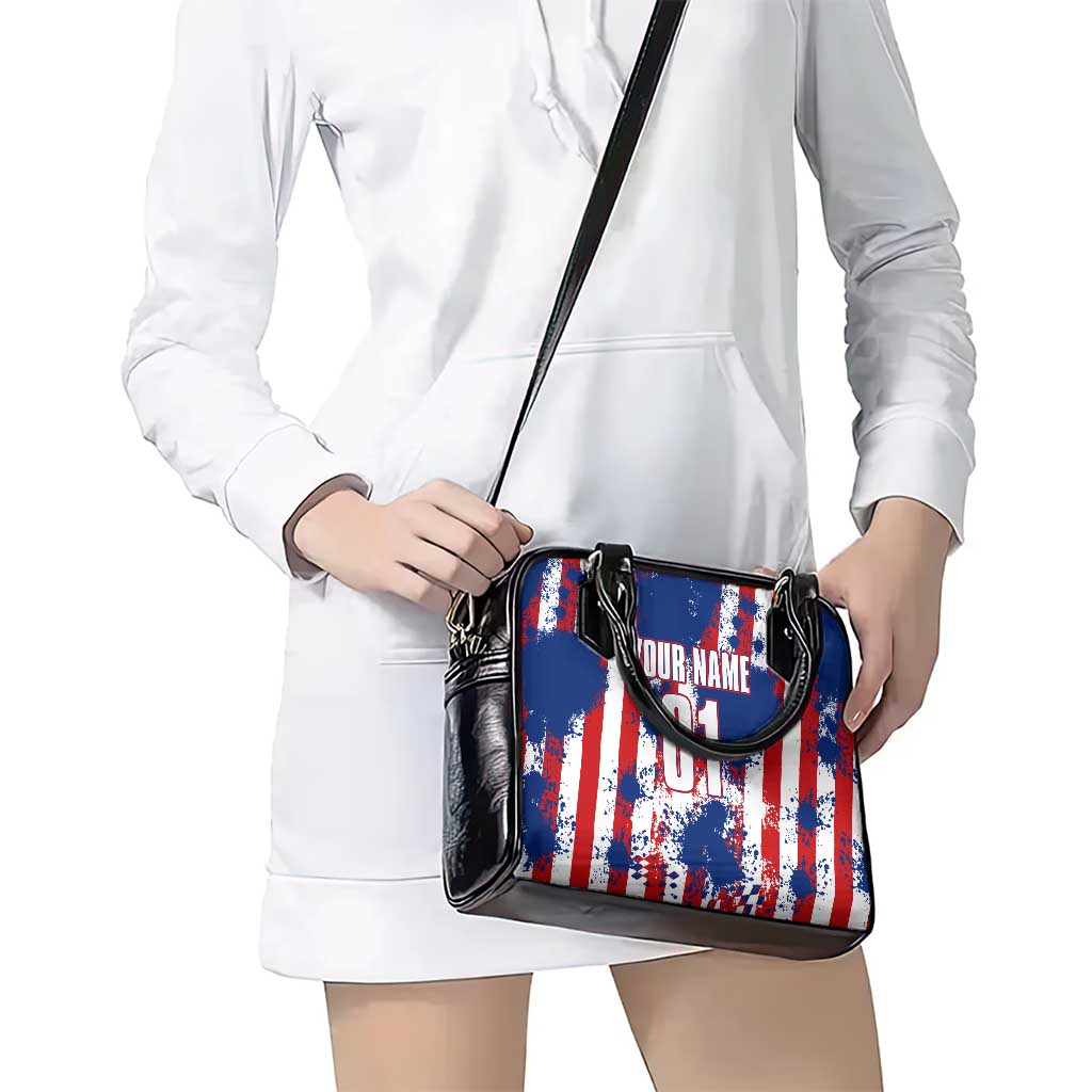 Moto X Skull Graphic Shoulder Handbag with Red White Blue Splatter and Custom Number Design TS04