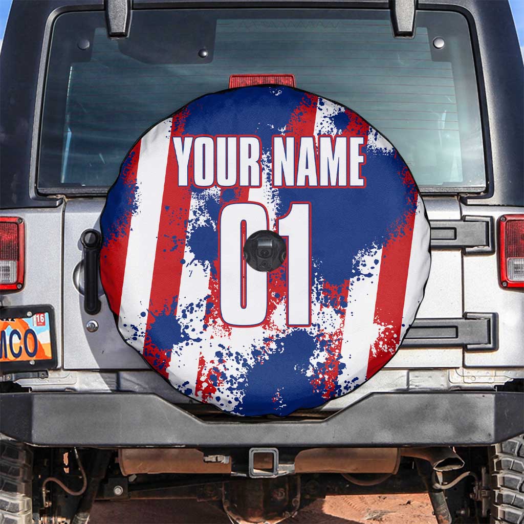 Moto X Skull Graphic Spare Tire Cover with Red White Blue Splatter and Custom Number Design TS04