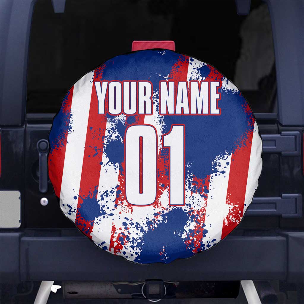 Moto X Skull Graphic Spare Tire Cover with Red White Blue Splatter and Custom Number Design TS04