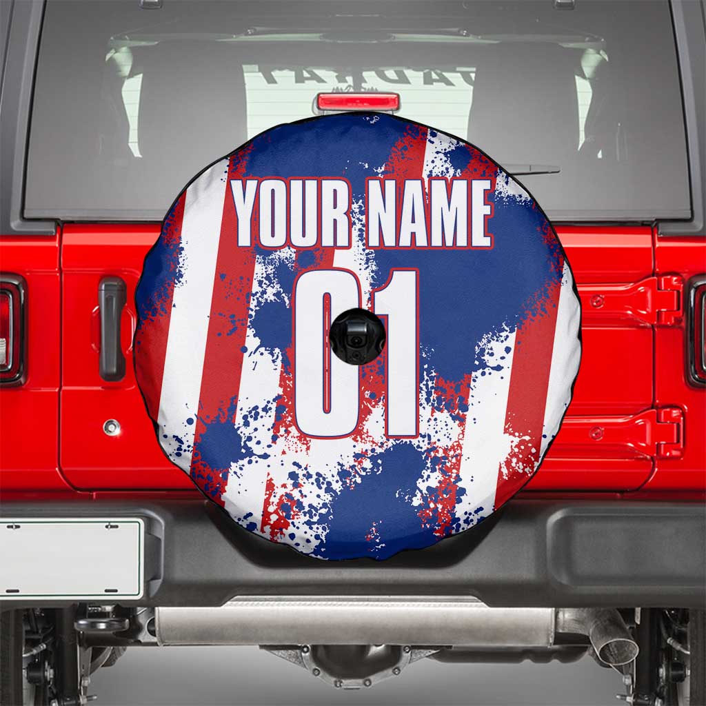Moto X Skull Graphic Spare Tire Cover with Red White Blue Splatter and Custom Number Design TS04