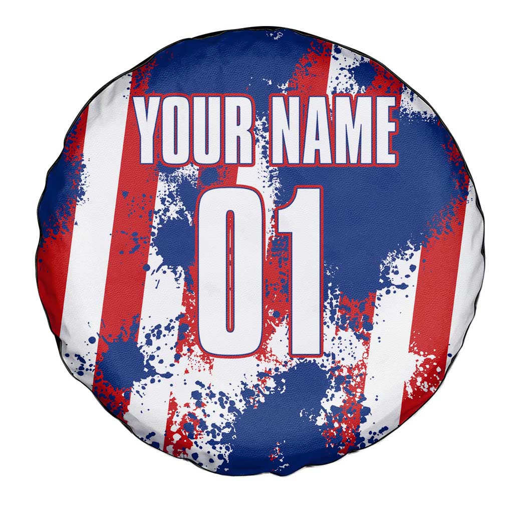 Moto X Skull Graphic Spare Tire Cover with Red White Blue Splatter and Custom Number Design TS04
