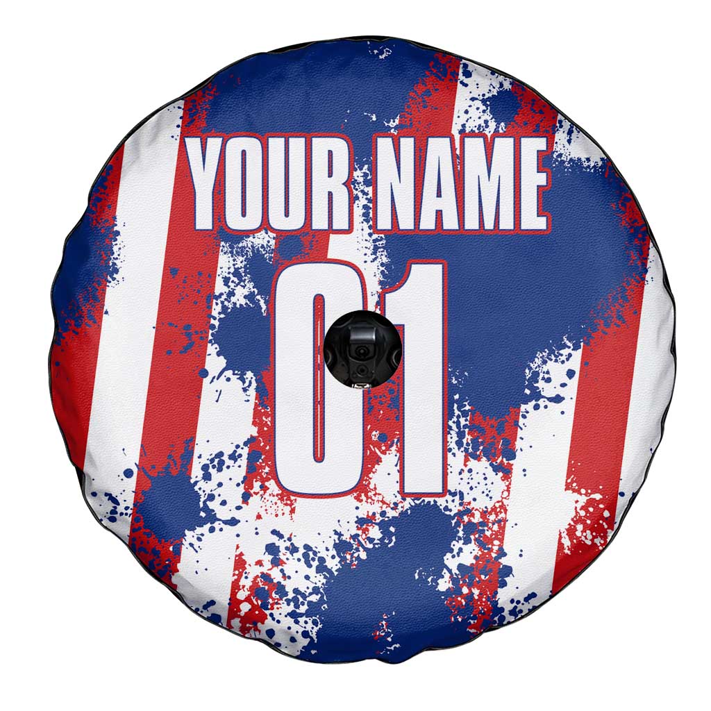 Moto X Skull Graphic Spare Tire Cover with Red White Blue Splatter and Custom Number Design TS04