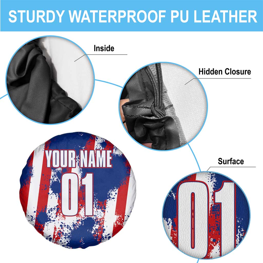 Moto X Skull Graphic Spare Tire Cover with Red White Blue Splatter and Custom Number Design TS04