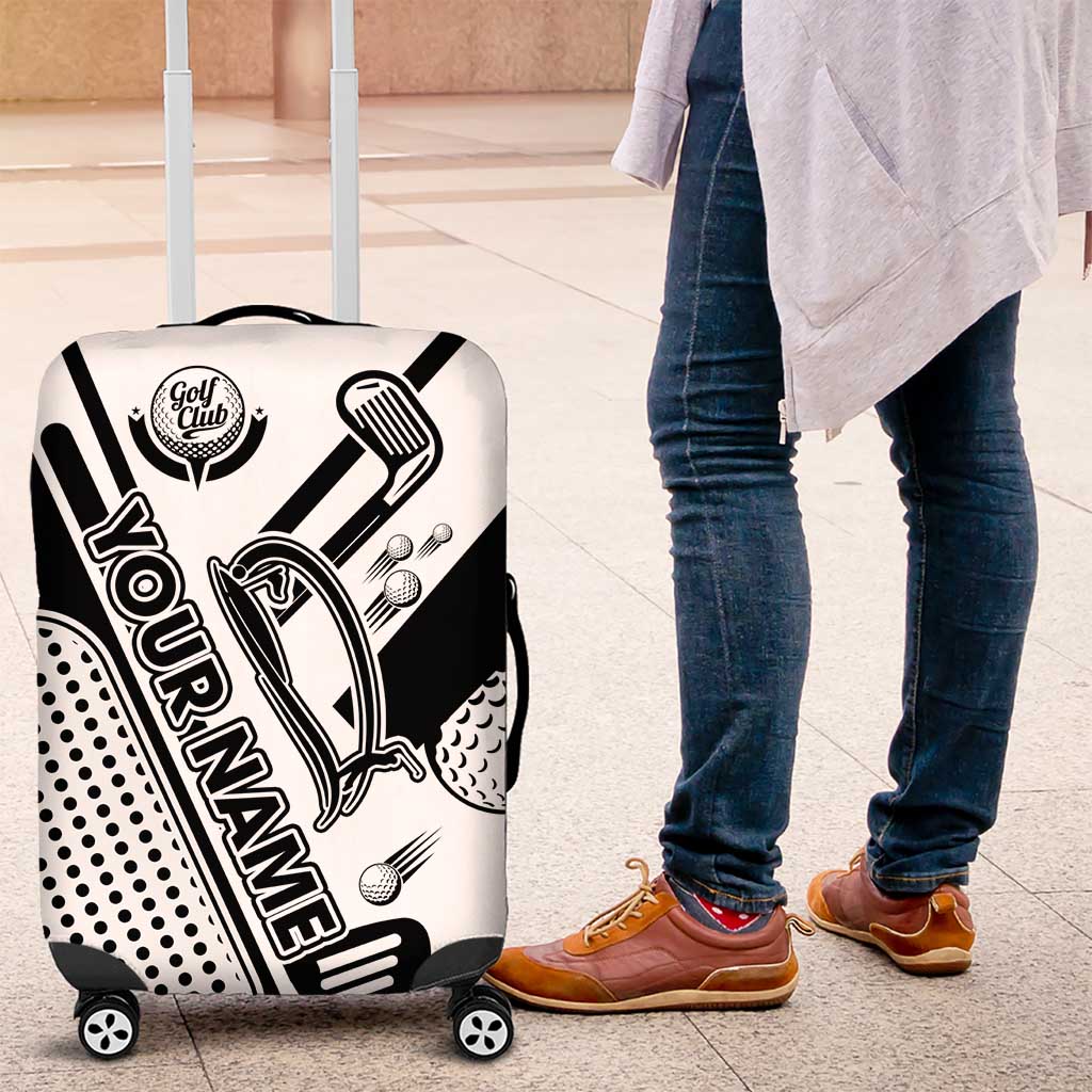Golf Club Monochrome Design Luggage Cover with Golf Ball and Club Graphic and Custom Name Print TS04