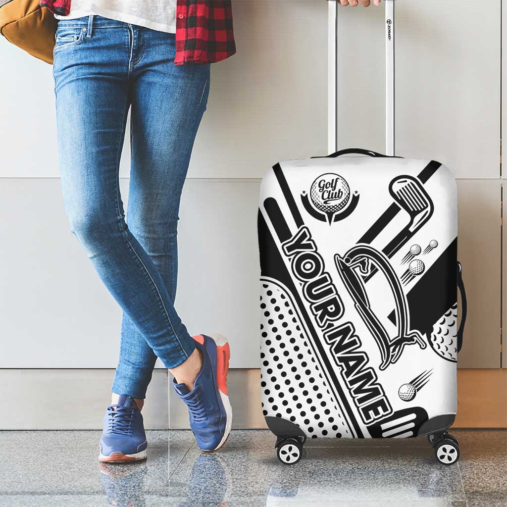 Golf Club Monochrome Design Luggage Cover with Golf Ball and Club Graphic and Custom Name Print TS04