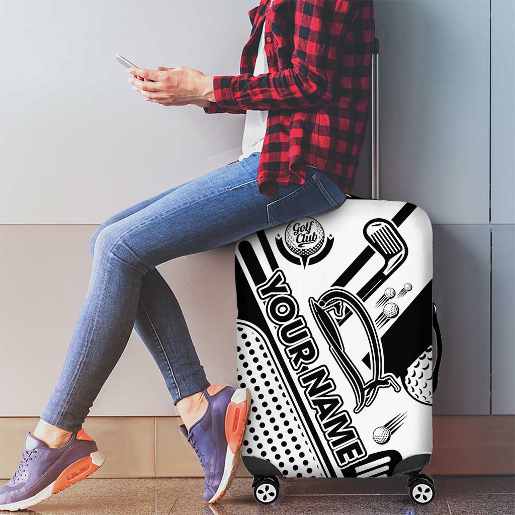 Golf Club Monochrome Design Luggage Cover with Golf Ball and Club Graphic and Custom Name Print TS04