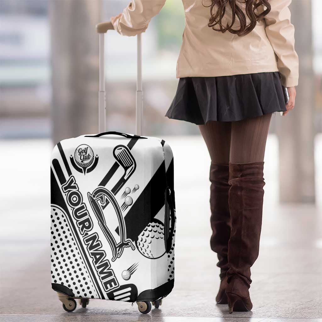 Golf Club Monochrome Design Luggage Cover with Golf Ball and Club Graphic and Custom Name Print TS04
