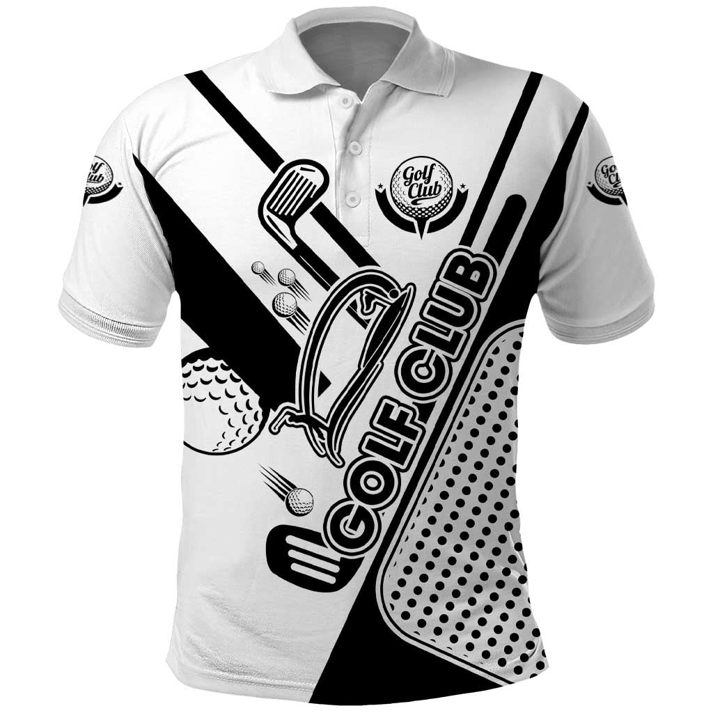 Golf Club Monochrome Design Polo Shirt with Golf Ball and Club Graphic and Custom Name Print TS04