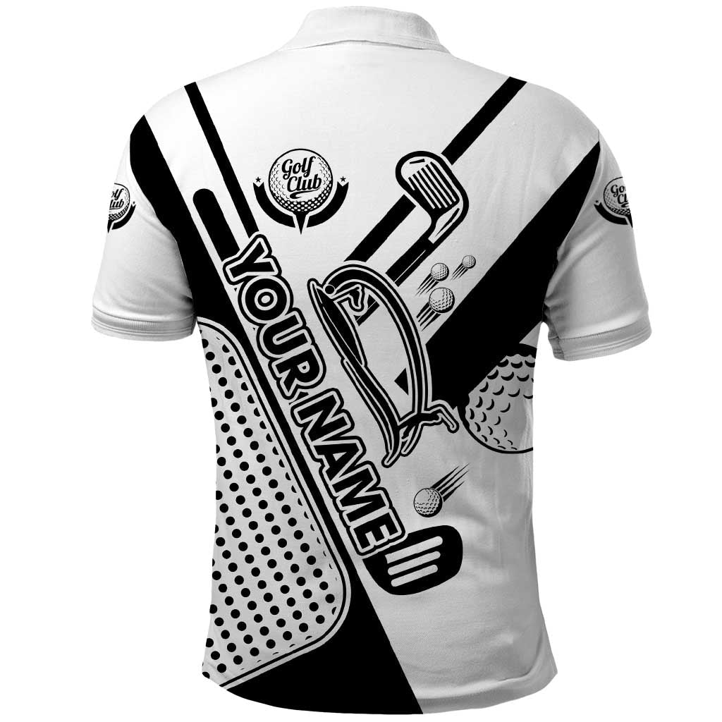 Golf Club Monochrome Design Polo Shirt with Golf Ball and Club Graphic and Custom Name Print TS04