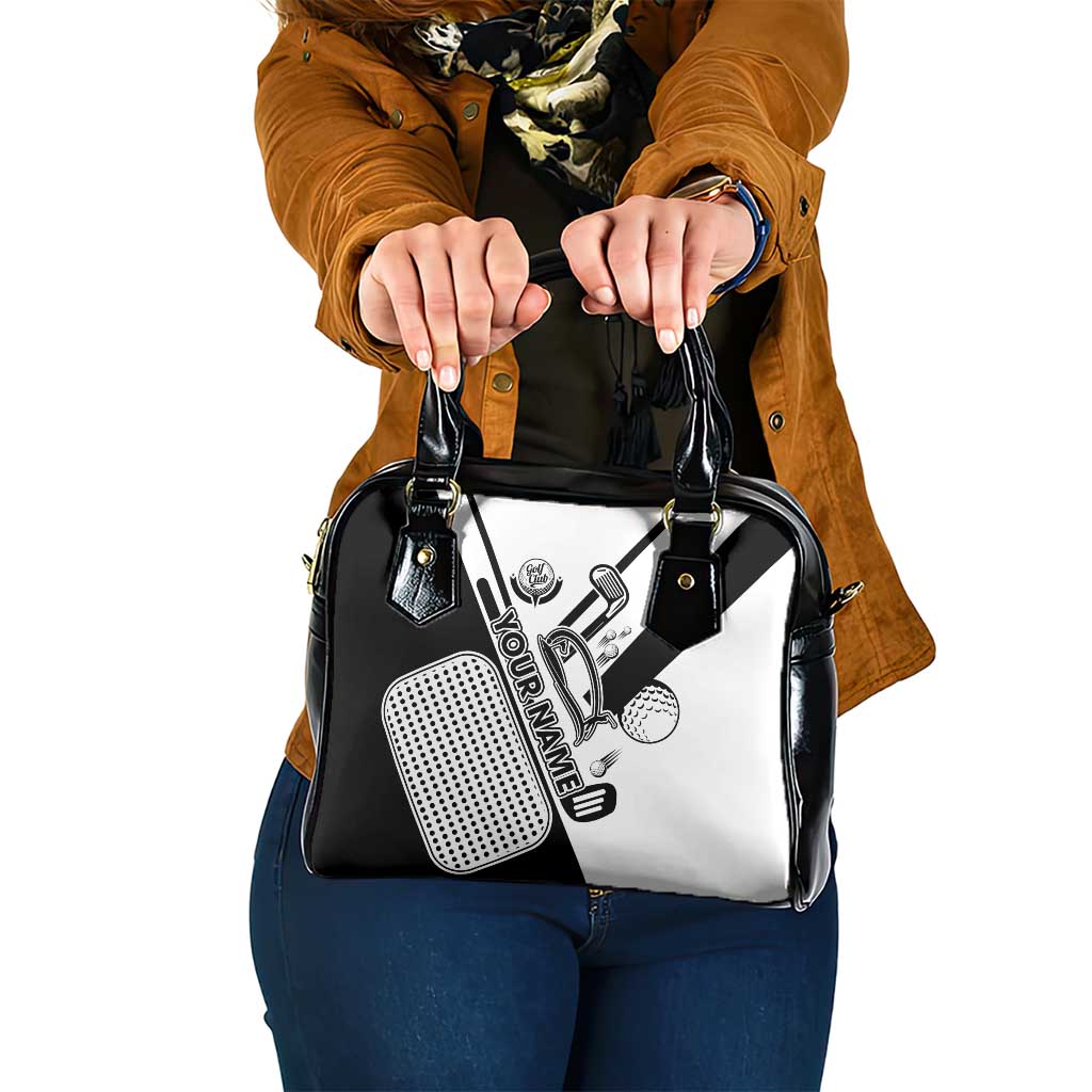 Golf Club Monochrome Design Shoulder Handbag with Golf Ball and Club Graphic and Custom Name Print TS04