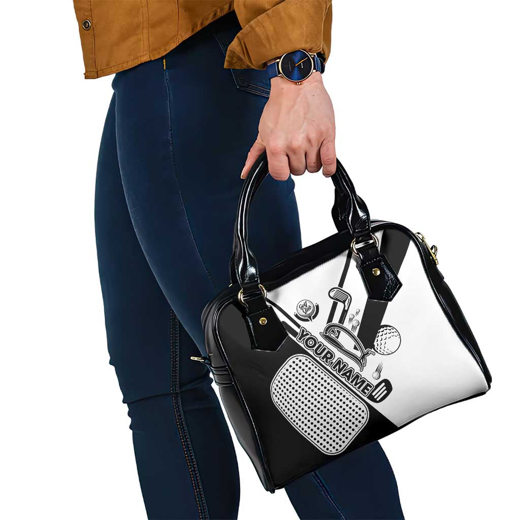 Golf Club Monochrome Design Shoulder Handbag with Golf Ball and Club Graphic and Custom Name Print TS04