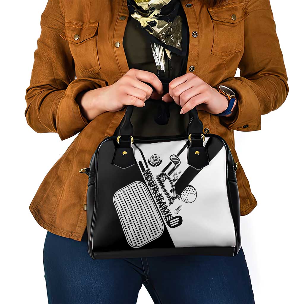 Golf Club Monochrome Design Shoulder Handbag with Golf Ball and Club Graphic and Custom Name Print TS04