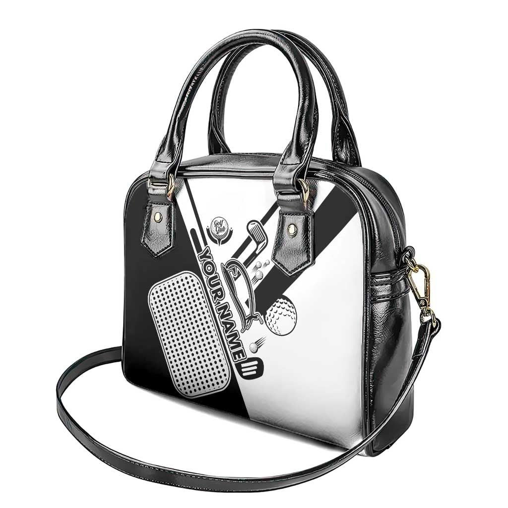 Golf Club Monochrome Design Shoulder Handbag with Golf Ball and Club Graphic and Custom Name Print TS04