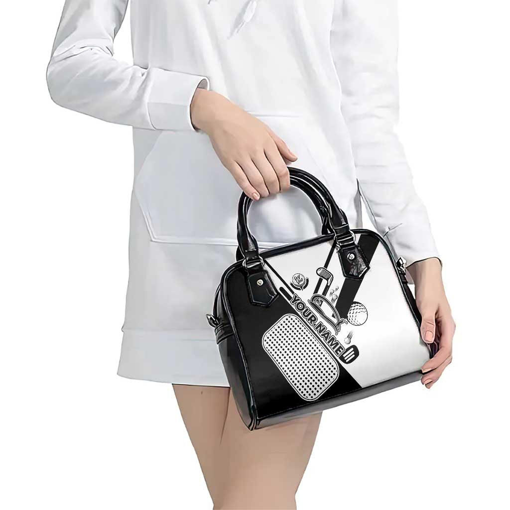 Golf Club Monochrome Design Shoulder Handbag with Golf Ball and Club Graphic and Custom Name Print TS04