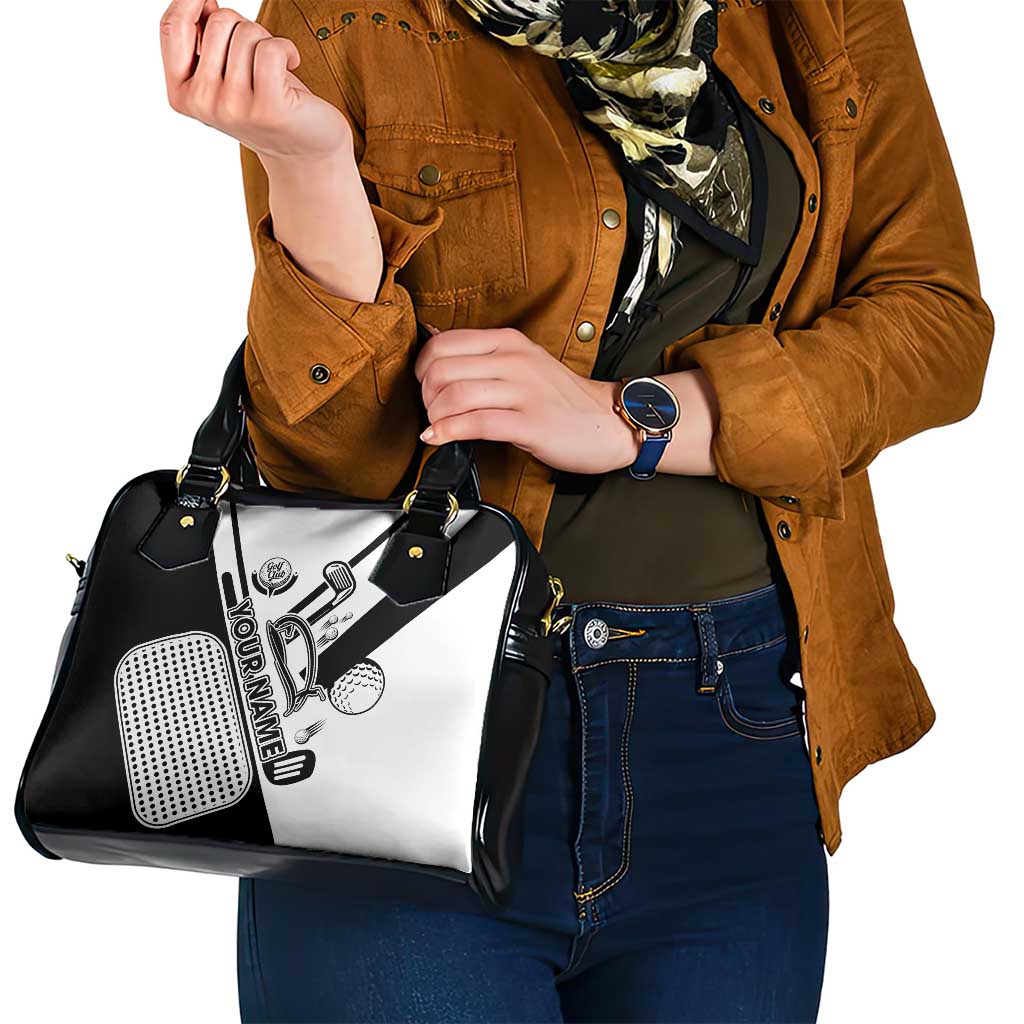 Golf Club Monochrome Design Shoulder Handbag with Golf Ball and Club Graphic and Custom Name Print TS04