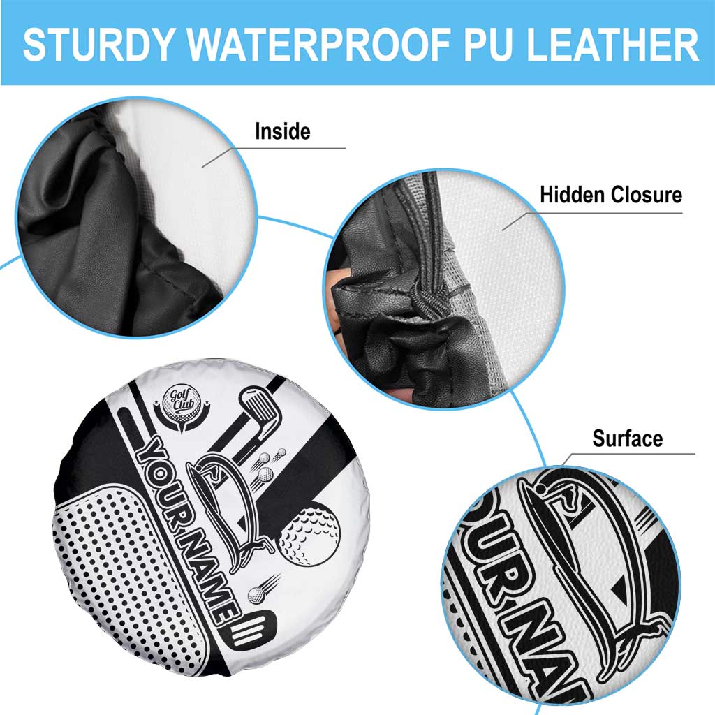 Golf Club Monochrome Design Spare Tire Cover with Golf Ball and Club Graphic and Custom Name Print TS04