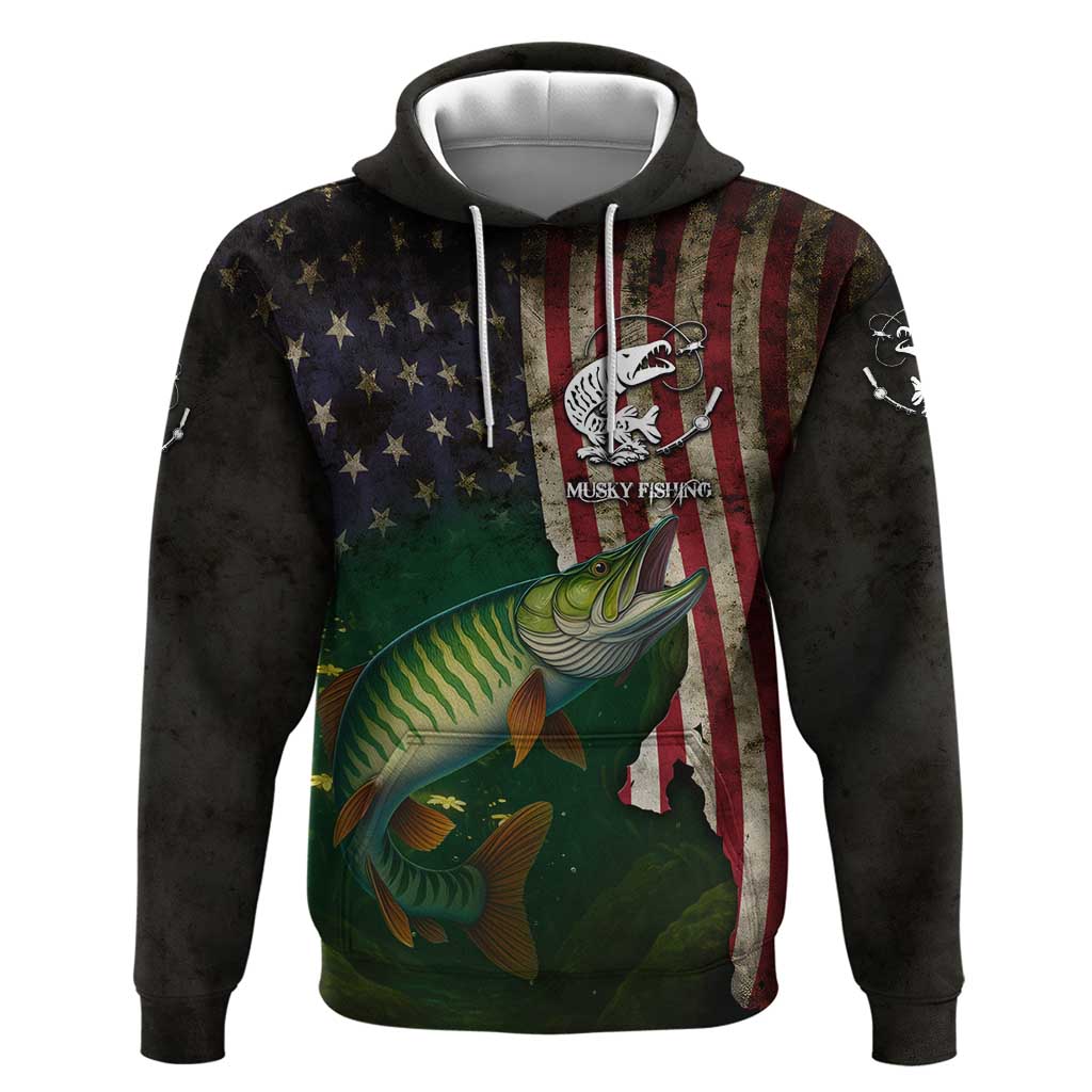 Musky Fishing Design Hoodie with American Flag Background and Custom Name Print TS04