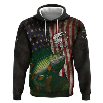 Musky Fishing Design Hoodie with American Flag Background and Custom Name Print TS04
