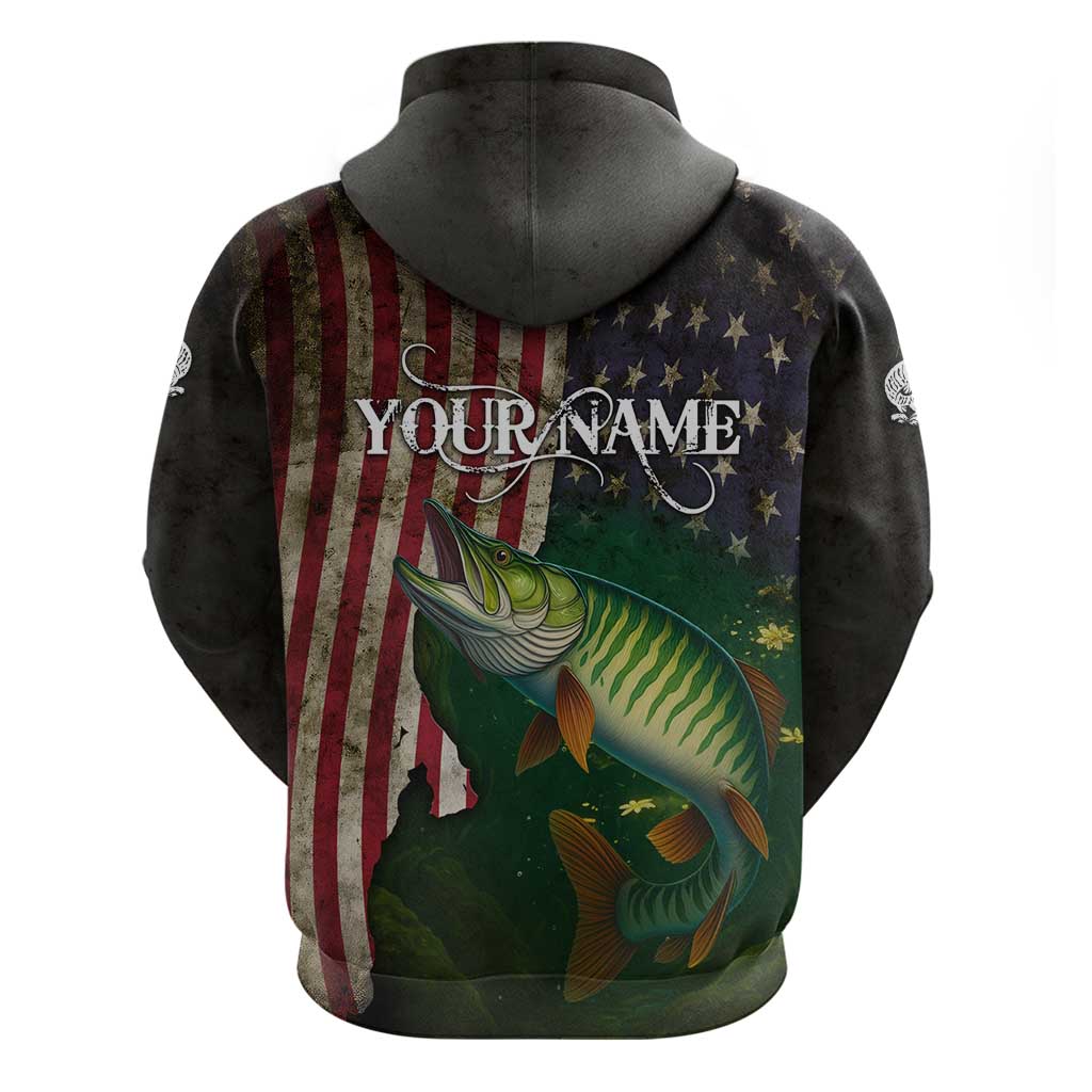 Musky Fishing Design Hoodie with American Flag Background and Custom Name Print TS04