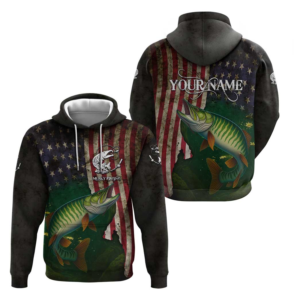 Musky Fishing Design Hoodie with American Flag Background and Custom Name Print TS04