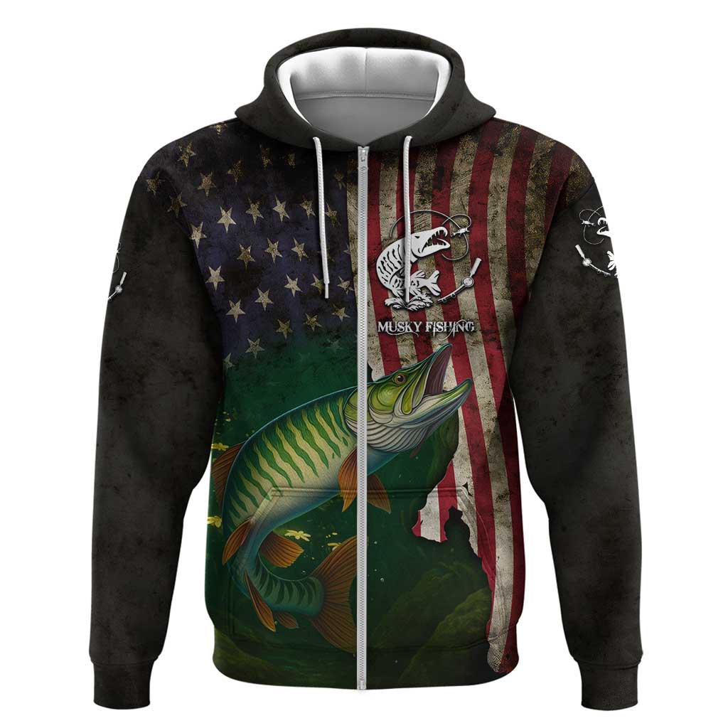 Musky Fishing Design Hoodie with American Flag Background and Custom Name Print TS04