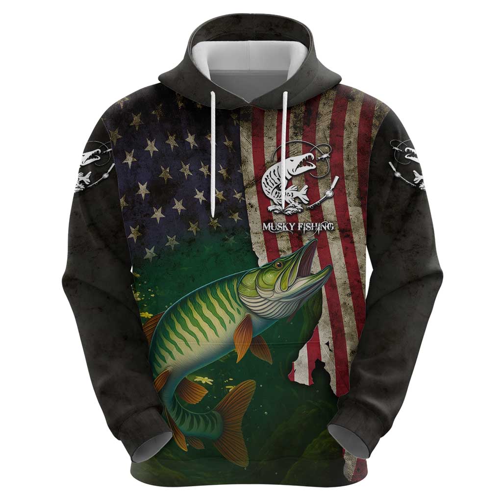 Musky Fishing Design Hoodie with American Flag Background and Custom Name Print TS04