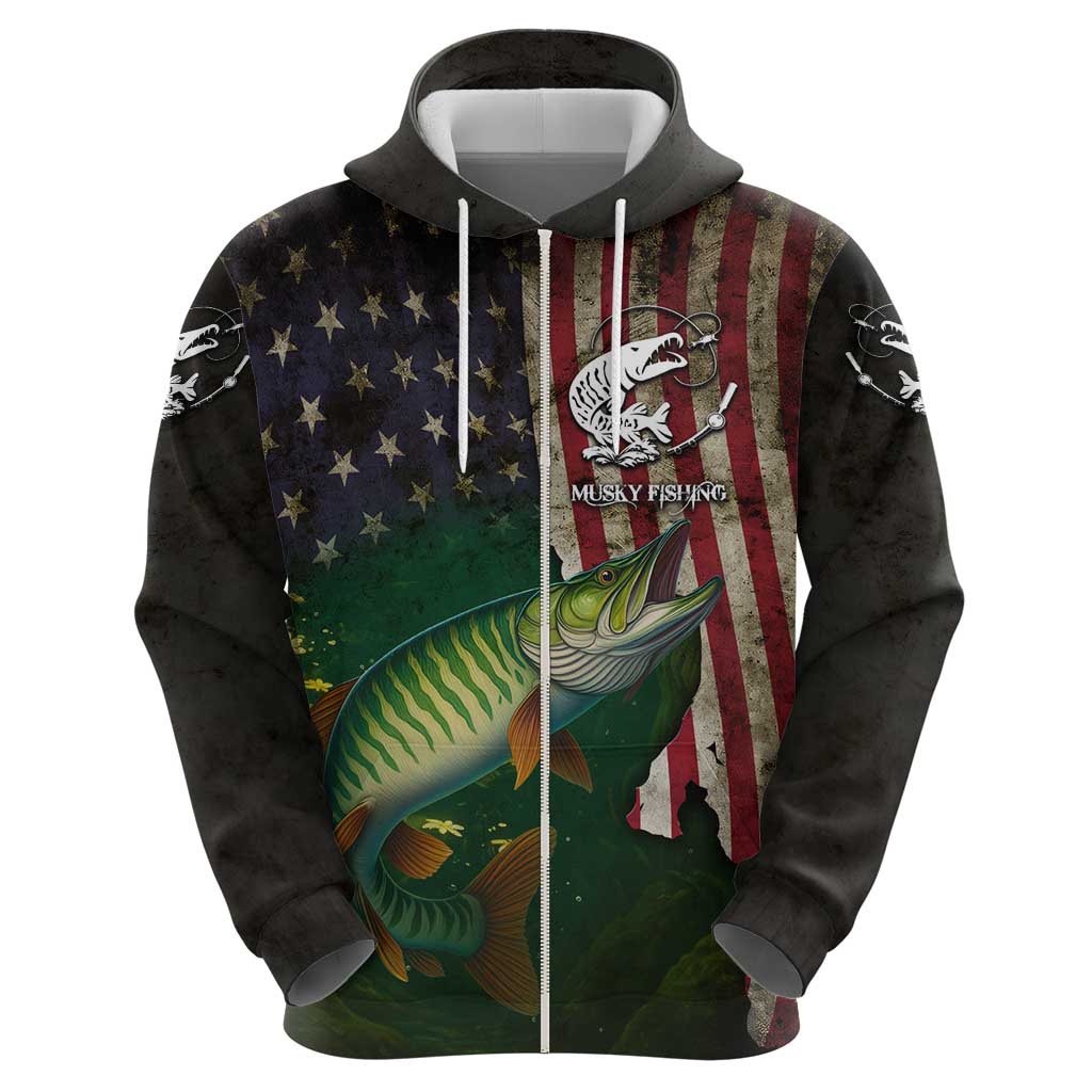 Musky Fishing Design Hoodie with American Flag Background and Custom Name Print TS04
