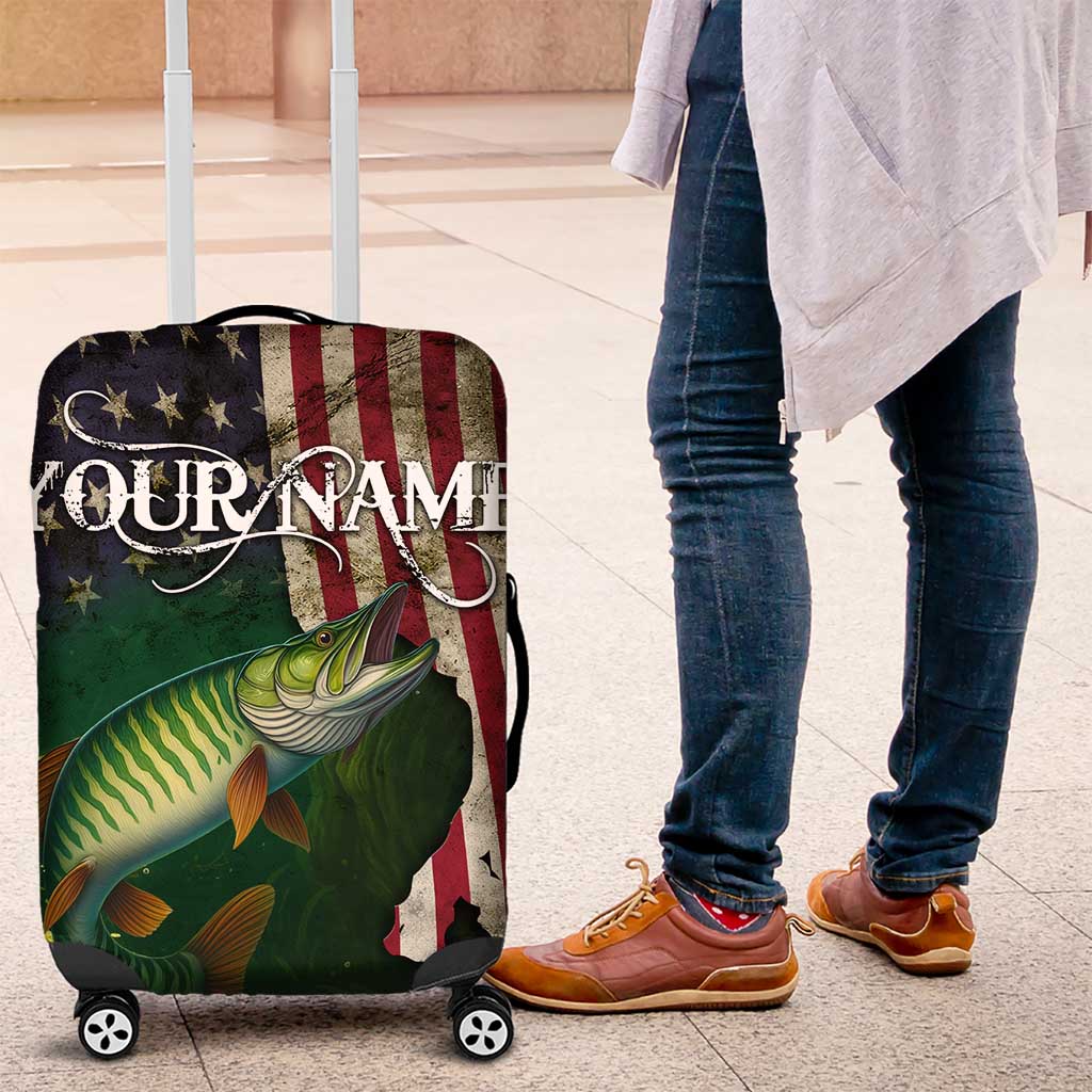 Musky Fishing Design Luggage Cover with American Flag Background and Custom Name Print TS04