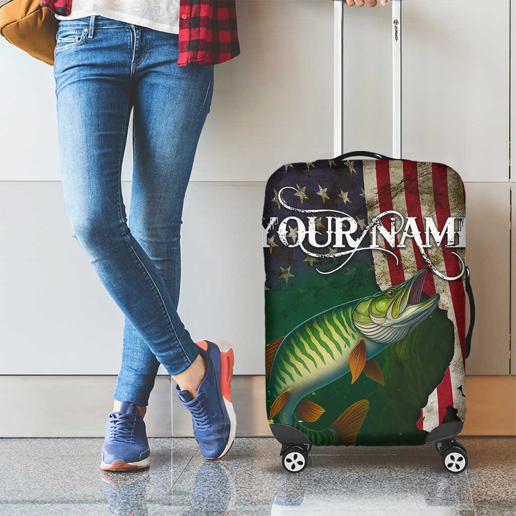 Musky Fishing Design Luggage Cover with American Flag Background and Custom Name Print TS04