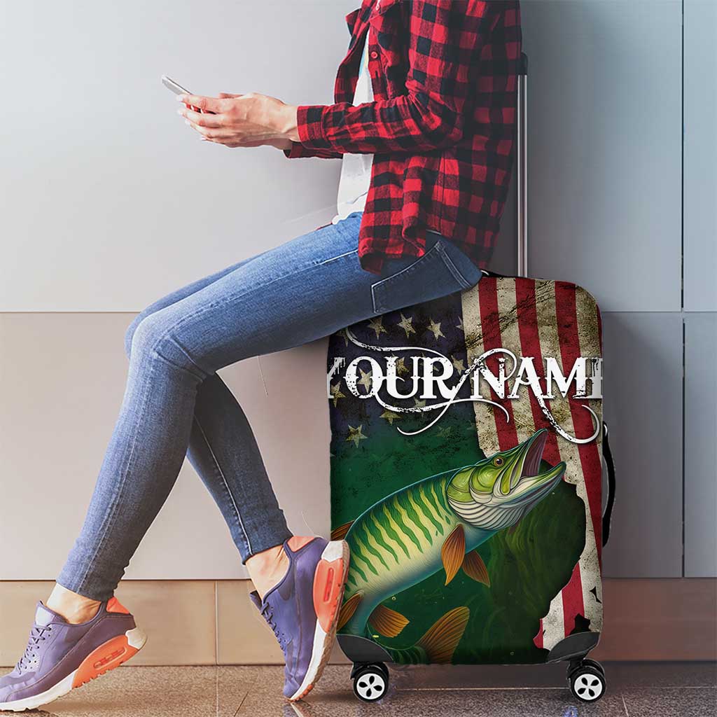Musky Fishing Design Luggage Cover with American Flag Background and Custom Name Print TS04