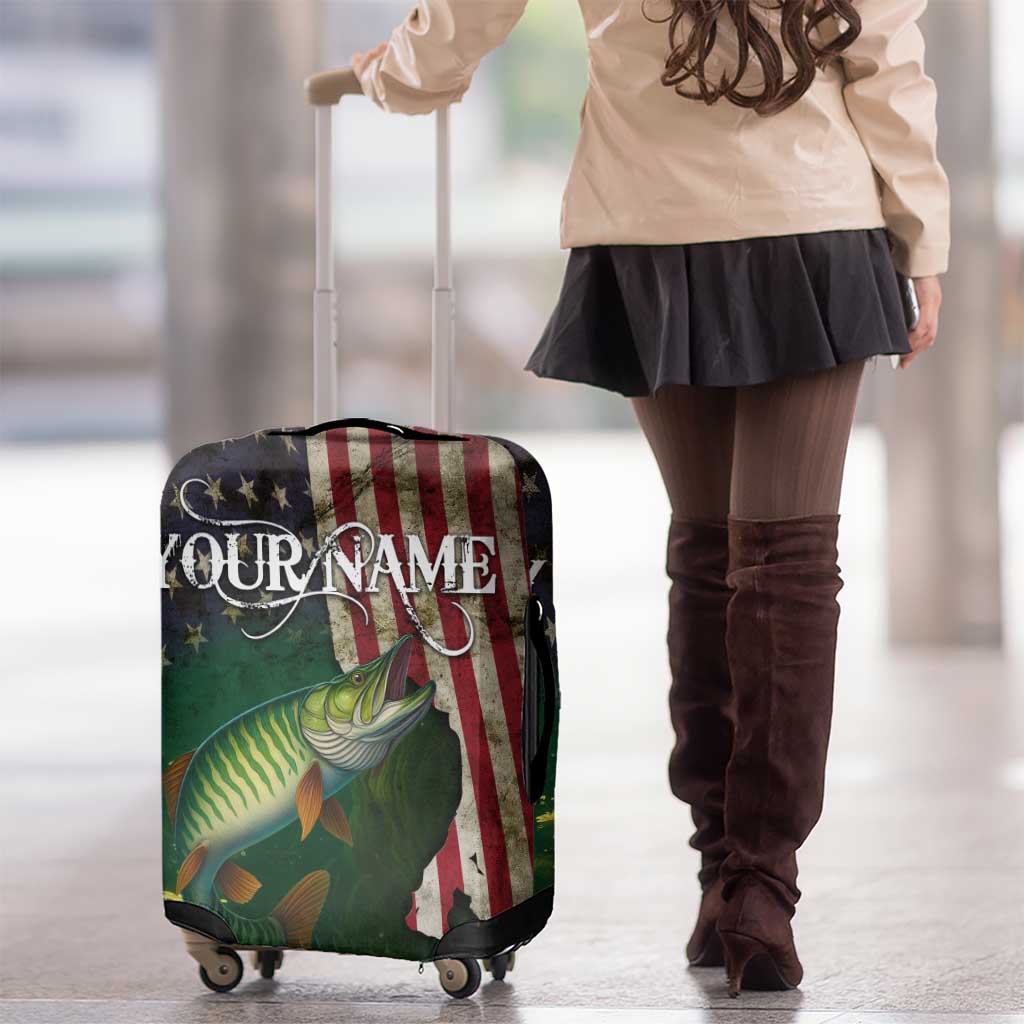 Musky Fishing Design Luggage Cover with American Flag Background and Custom Name Print TS04